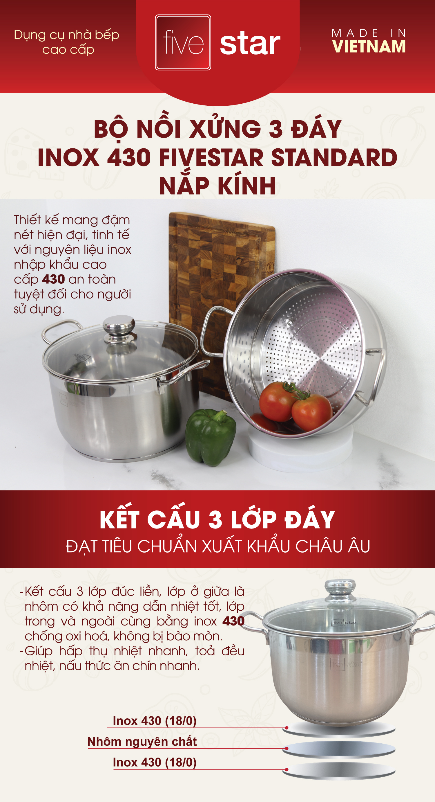 Bộ Nồi Xửng Hấp Inox 430 Bếp Từ 3 Đáy Nắp Kính Fivestar (26cm)
