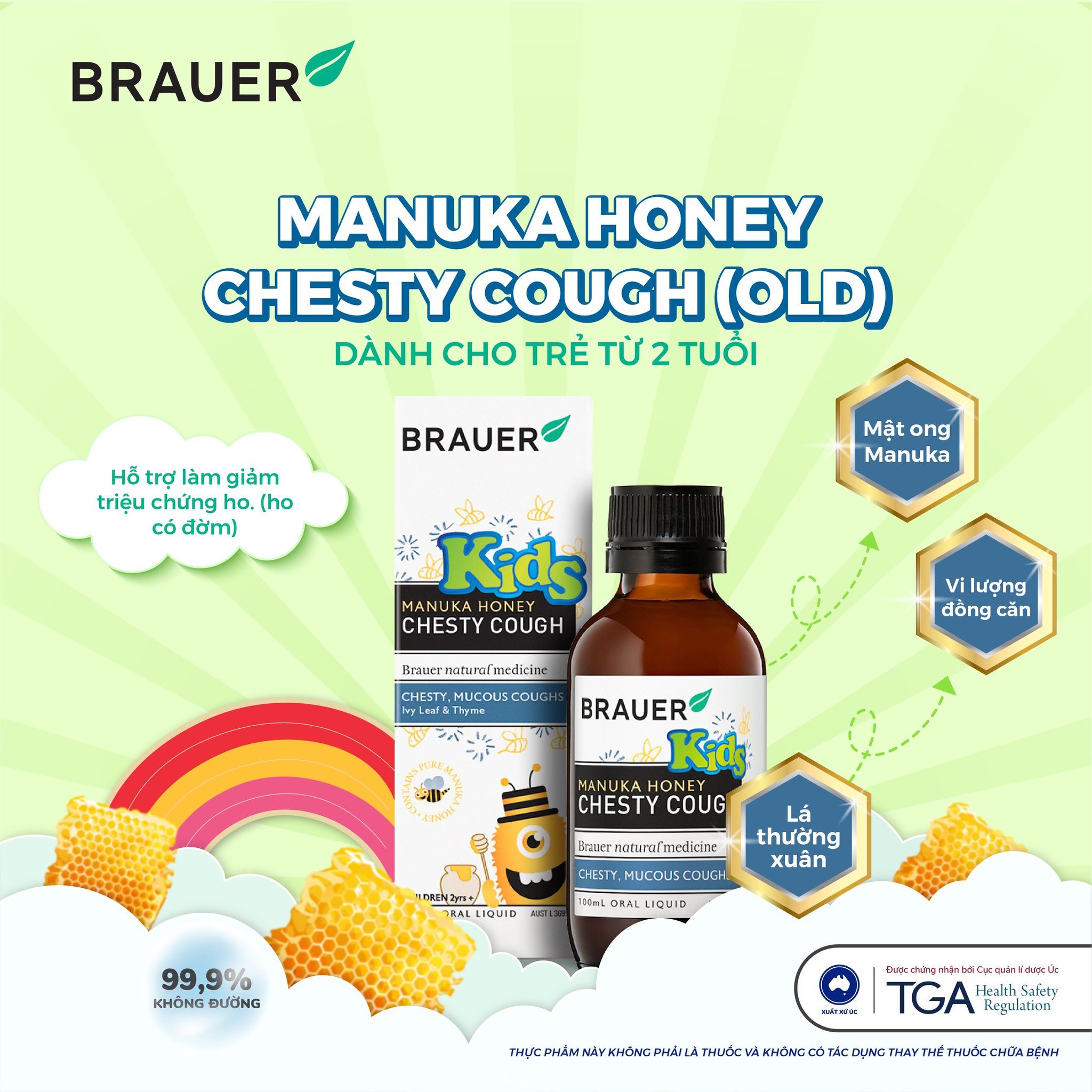 Siro hỗ trợ giảm ho cho trẻ từ 2 tuổi Brauer Manuka Honey Úc