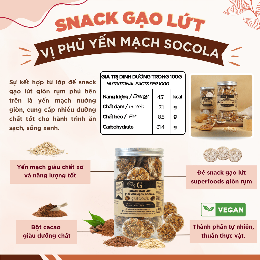 Snack gạo lứt phủ macca GUfoods - Topping siêu hạt, Giòn rụm, Thơm bùi, Giàu dinh dưỡng, Healthy, Eat clean, Thuần chay