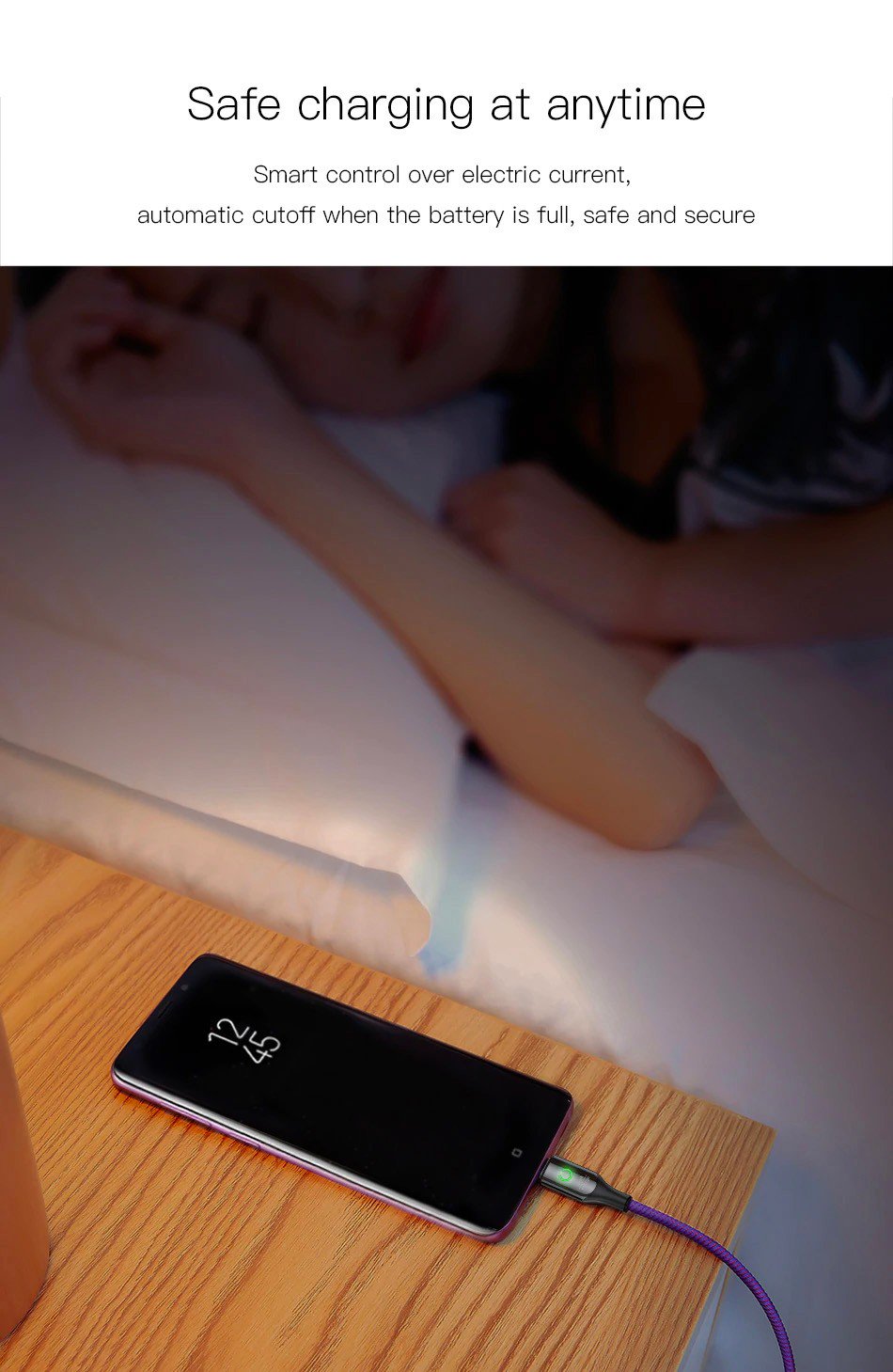 Cáp sạc Type C tự ngắt C Shape cho Androi (3A, Sạc nhanh QC 3.0, Sợi Carbon Siêu Bền, LED đổi màu thông minh) - Hàng Chính Hãng