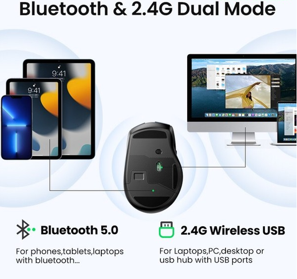 Ugreen 90855 4000dpi 2.4Ghz Bluetooth Chuột không dây + Bluetooth Ergonomic Mouse không kèm pin AA mu006 - Hàng chính hãng