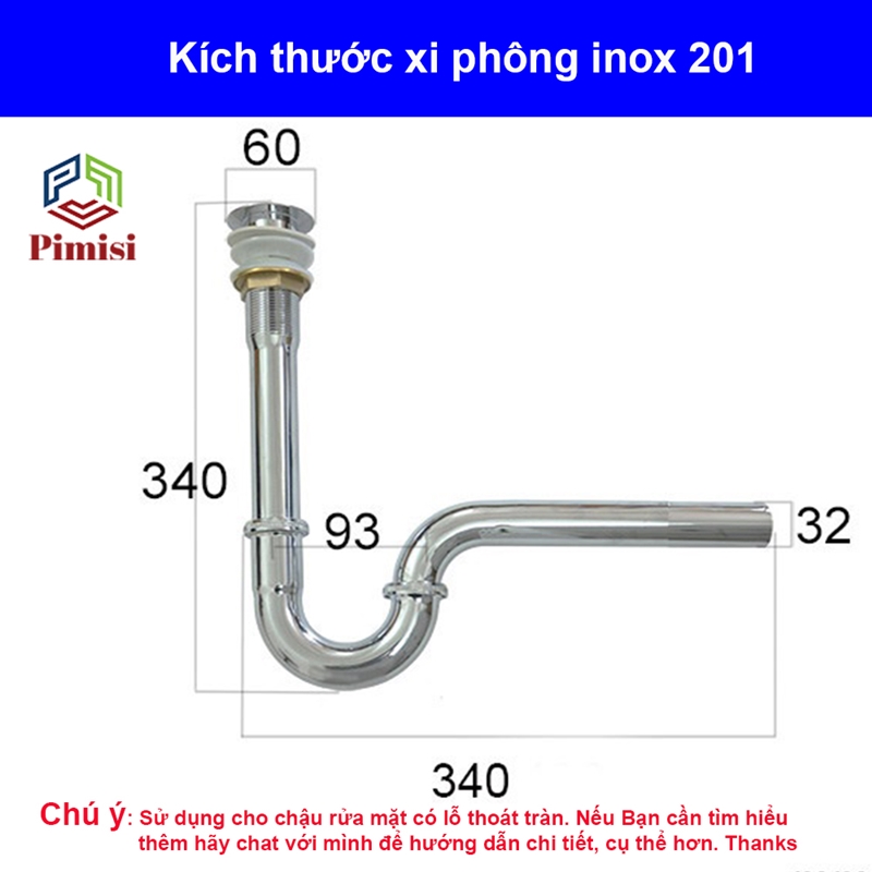 Kích thước xi phông inox 201 Pimisi