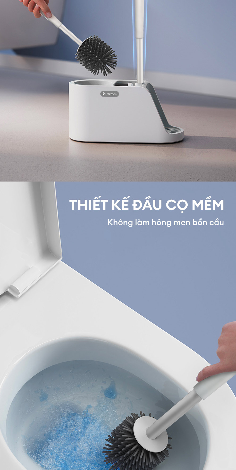 Cọ bồn cầu silicon, cọ toilet nhà vệ sinh 2 trong 1, có thể treo tường và cây gắp tóc Parroti Silicon SL02
