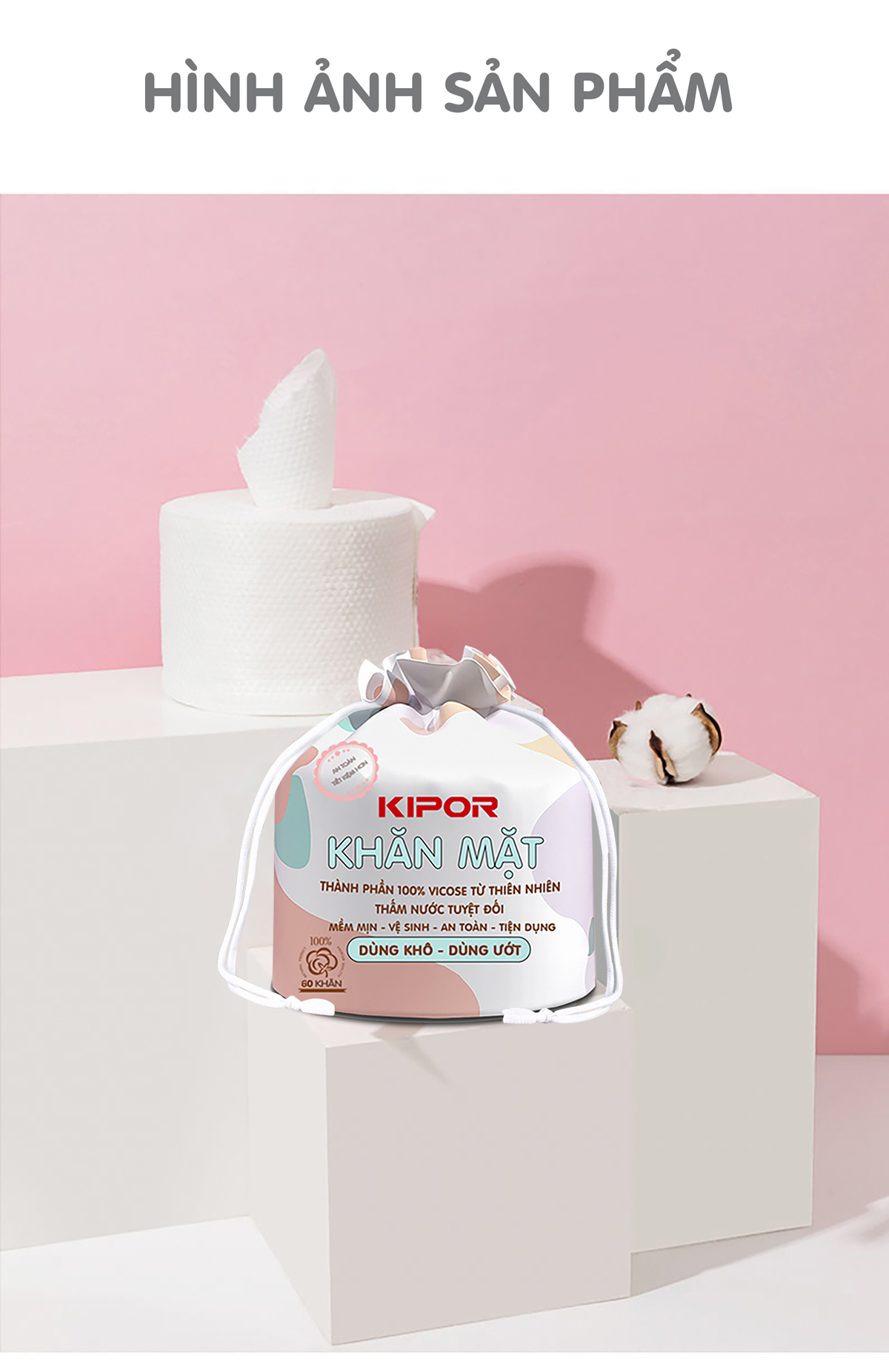 Khăn mặt khô KIPOR dùng 1 lần lau khô, lau ướt - 60 khăn/cuộn, kích thước 20x20cm - Hàng chính hãng