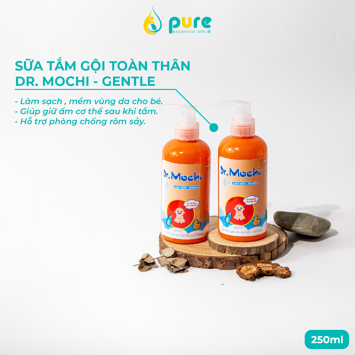Sữa tắm gội toàn thân thảo dược Dr.Mochi Gentle - Làm sạch, giữ ẩm, làm mềm da -  Hỗ trợ phòng rôm sảy - Tăng cường bảo vệ da - Dưỡng ẩm, làm dịu da, phục hồi da - Giảm kích  ứng, làm dịu da tổn thương  250ml