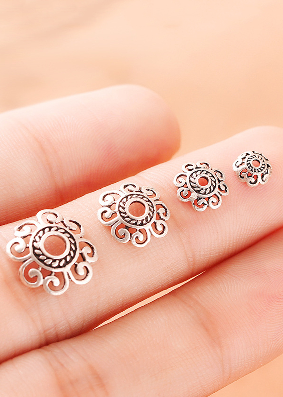 Combo 10 cái charm bạc chụp hạt, bọc hạt họa tiết hoa văn #20 - Ngoc Quý Gemstones