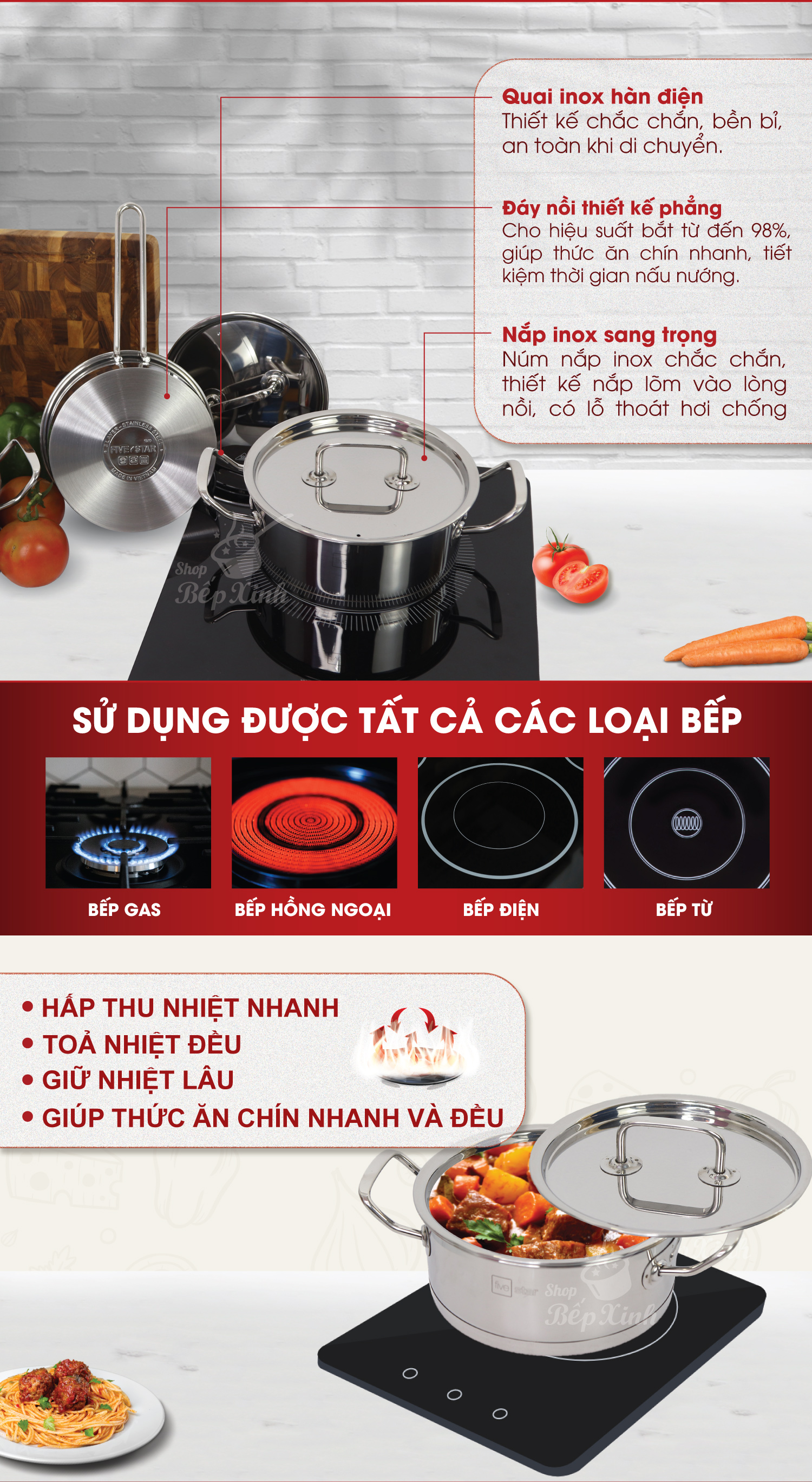 Bộ nồi quánh inox Fivestar 3 đáy từ nắp inox 3 món