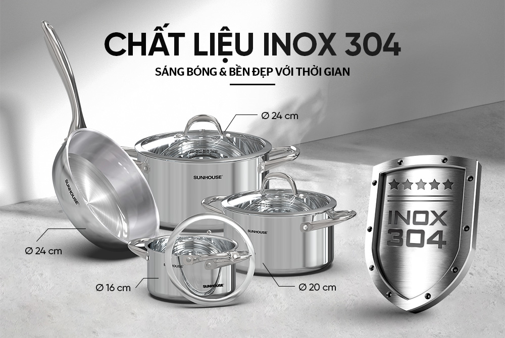 Bộ Nồi Chảo Inox 304 Đáy Liền Sunhouse SHG808