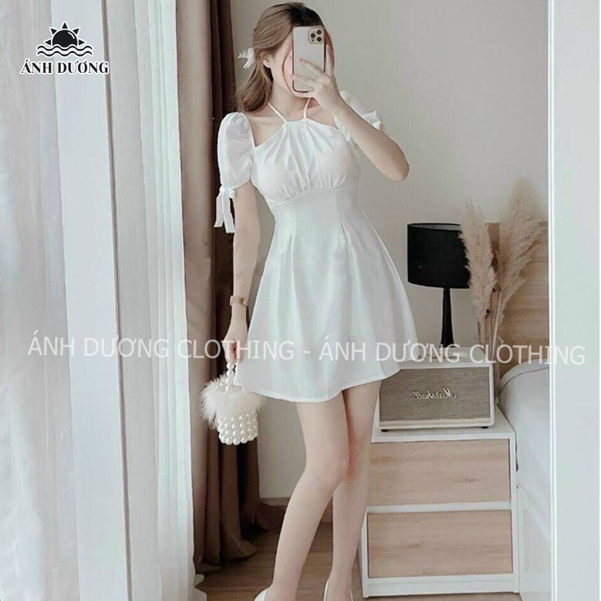 Váy nữ thời trang tay phồng cổ yếm dáng xoè cột nơ có mút Ánh Dương Clothing