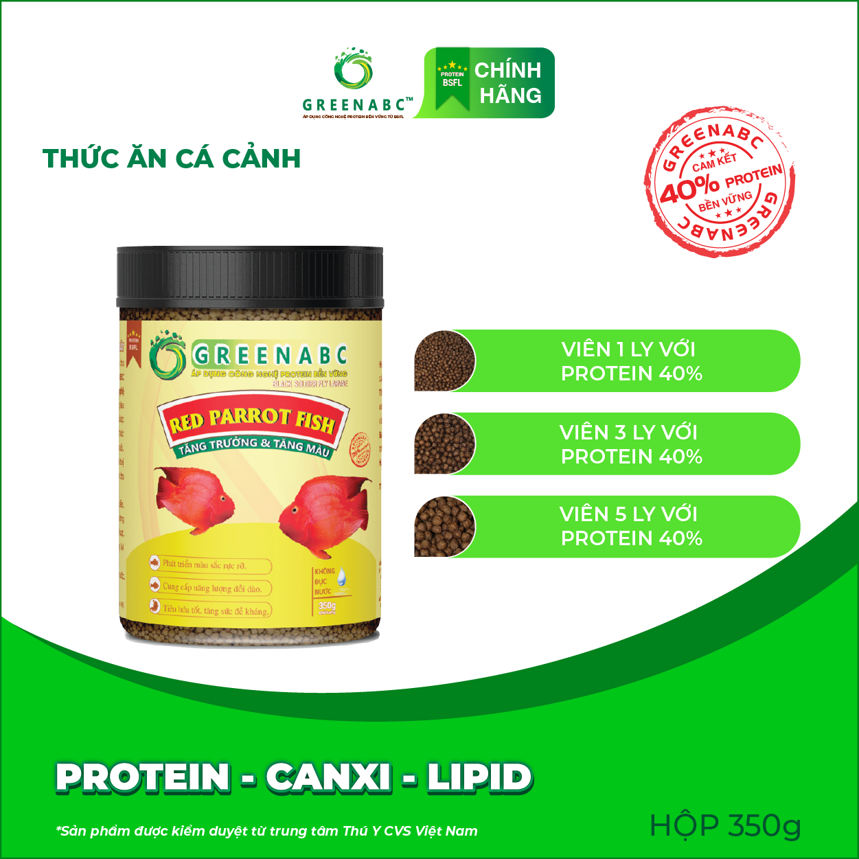 Thức ăn Cá Hồng Két GREENABC - Red Parrot Fish - Hàm lượng protein 40% giúp cá tăng kích thước, lên màu đẹp – Hộp 350g