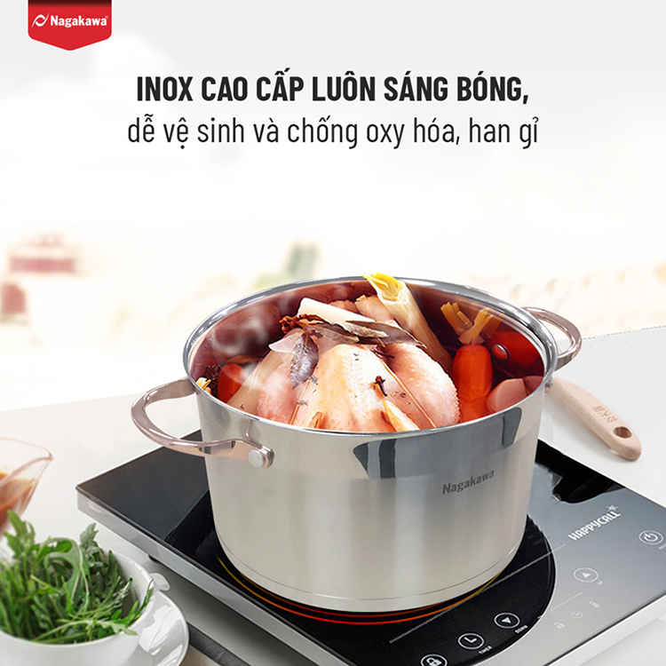 Bộ 3 nồi inox cao cấp 5 đáy Nagakawa NAG1352 (16cm, 20cm, 24cm) dùng cho mọi loại bếp - Hàng Chính Hãng