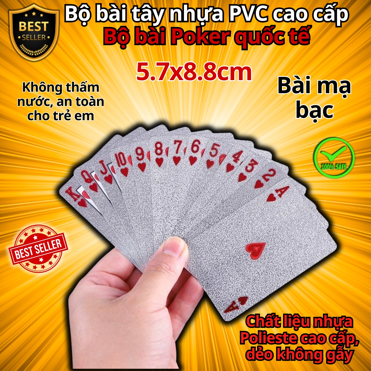 Bộ Bài PVC Mạ Vàng 24K Mạ Bạc Cao Cấp Chất Liệu Đàn Hồi, Bộ Bài Tây Poker Polieste Không Thấm Nước, Hàng Chính Hãng