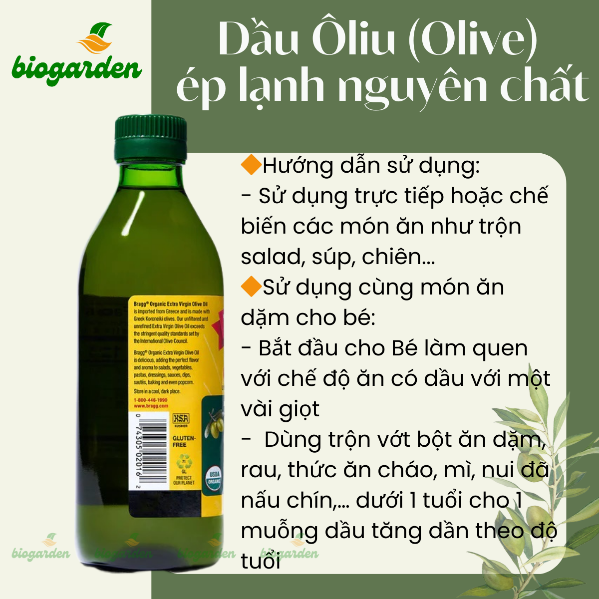 Dầu ô liu siêu nguyên chất Extra Virgin Ép Lạnh Hữu Cơ Bragg