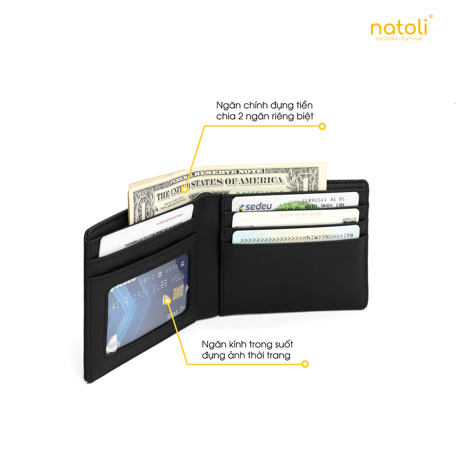 Ví da nam nữ dáng ngang NATOLI gập đôi đựng thẻ cầm tay cao cấp BST Simple Horizontal Wallet V4