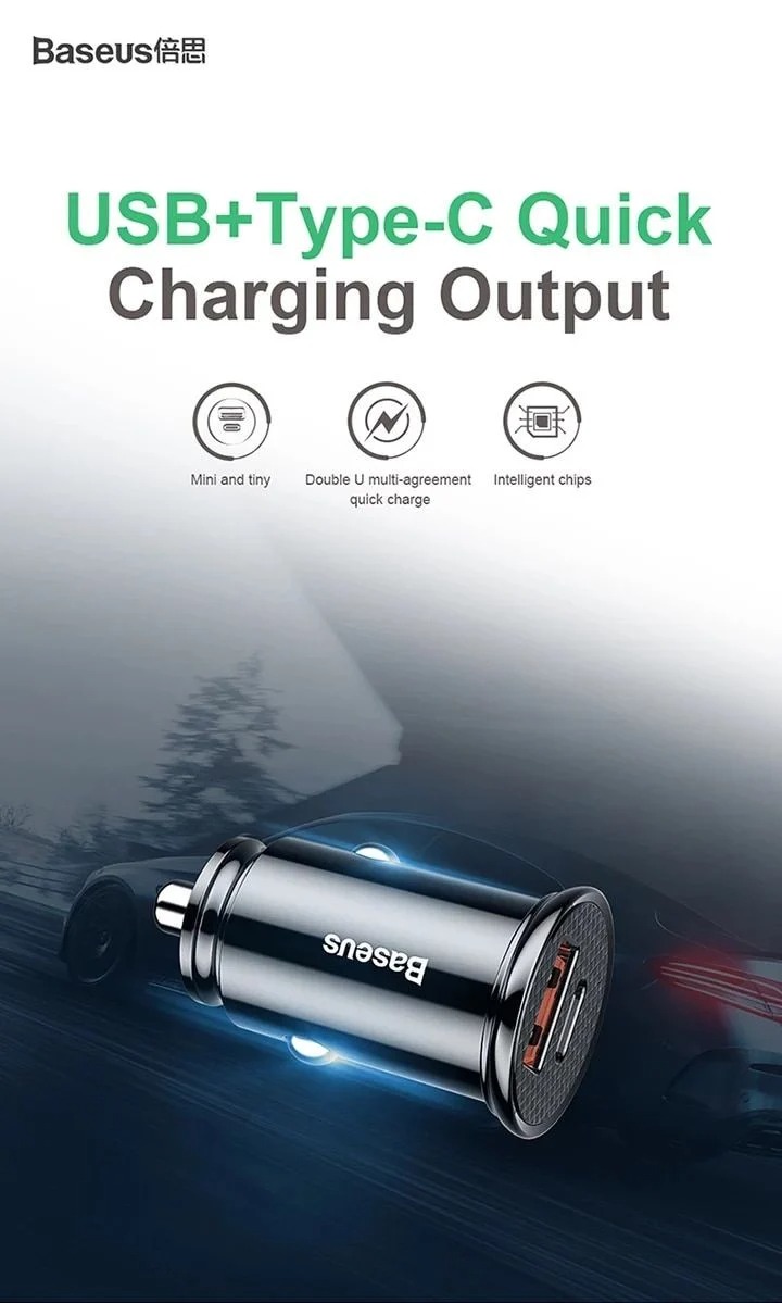 Tẩu sạc trên ô tô Baseus 2 cổng (USB +Type) sạc nhanh Q.C 4.0 30W c- Hàng Chính Hãng