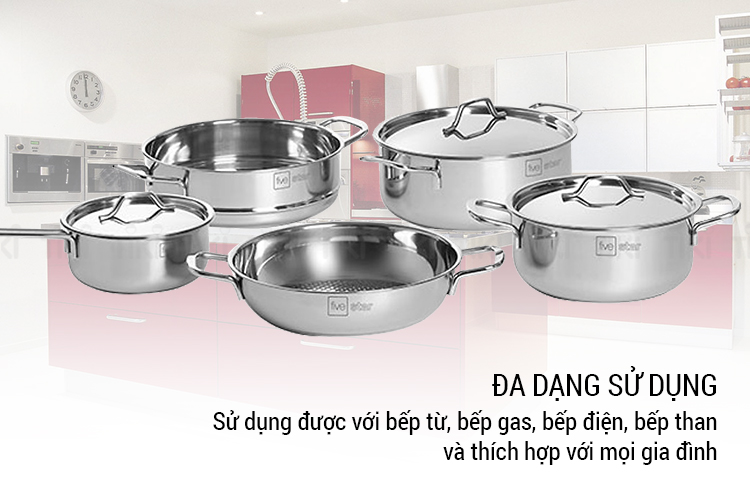 Bộ 5 Nồi Inox 430 3 Đáy Sandwich Nắp Inox Fivestar 08 pcs FS08C2