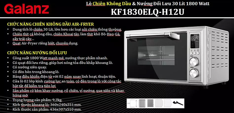 Lò chiên không dầu và nướng đối lưu Galanz KF1830ELQ-H12U 30L - Hàng chính hãng