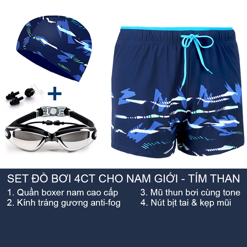 Combo đồ bơi nam giới, set 4,5 chi tiết Quần boxer 2 lớp + Kính bơi anti fog + Mũ + Bịt tai kẹp mũi + Túi đựng, mẫu cao cấp đẹp | BN007