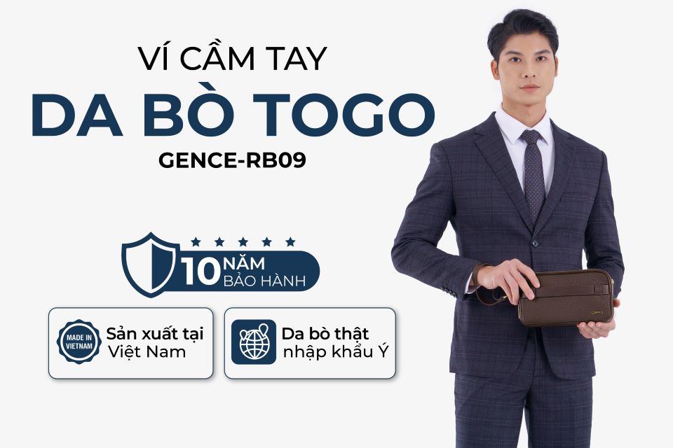 Ví Da Cầm Tay Clutch Nam Chính Hãng GENCE RB09 Da Bò Khóa Vân Tay Cao Cấp Màu Nâu