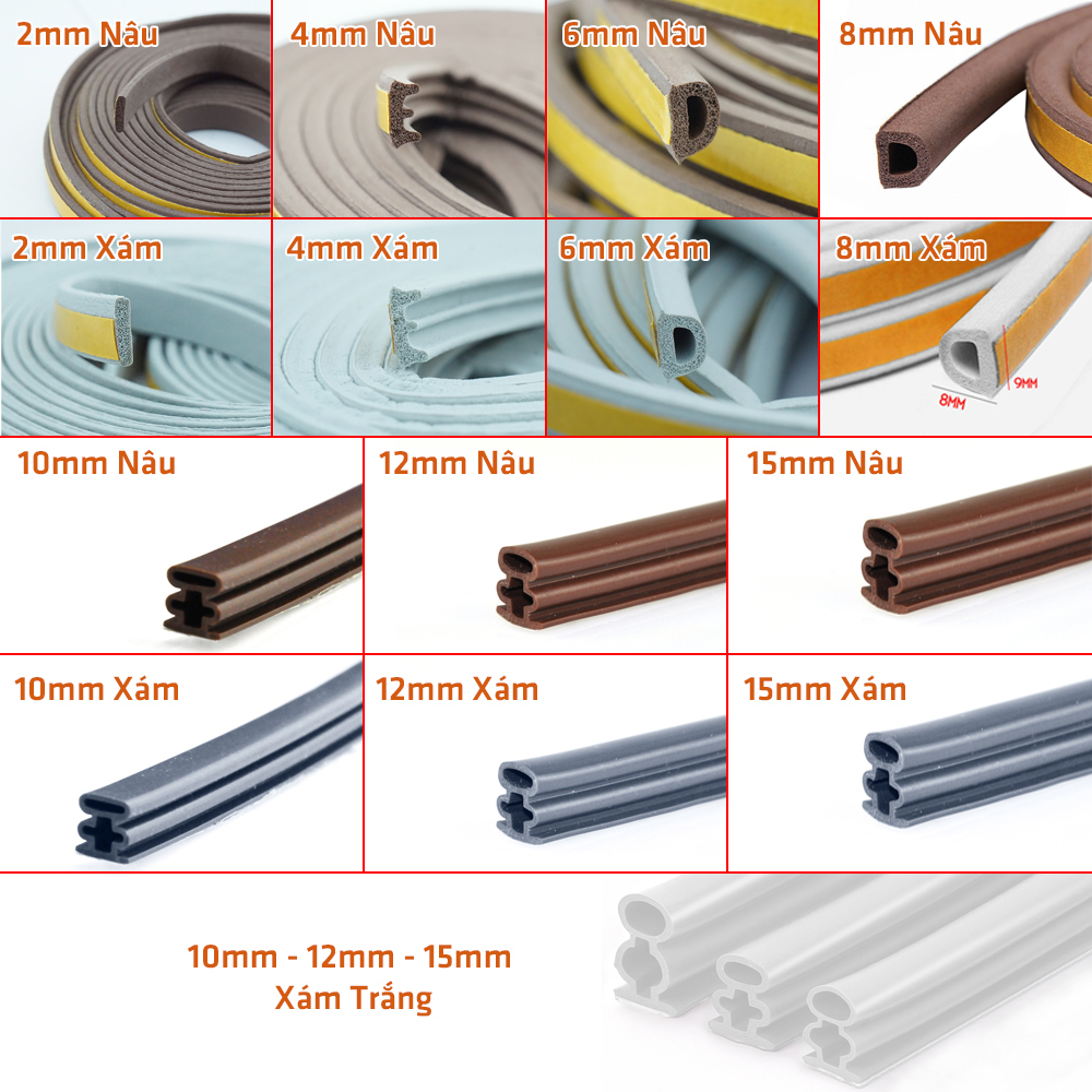 Ron khung cửa ngăn bụi côn trùng giảm ồn va đập 2mm 4mm 6mm 8mm 10 mm 12mm 15mm dài 6 mét