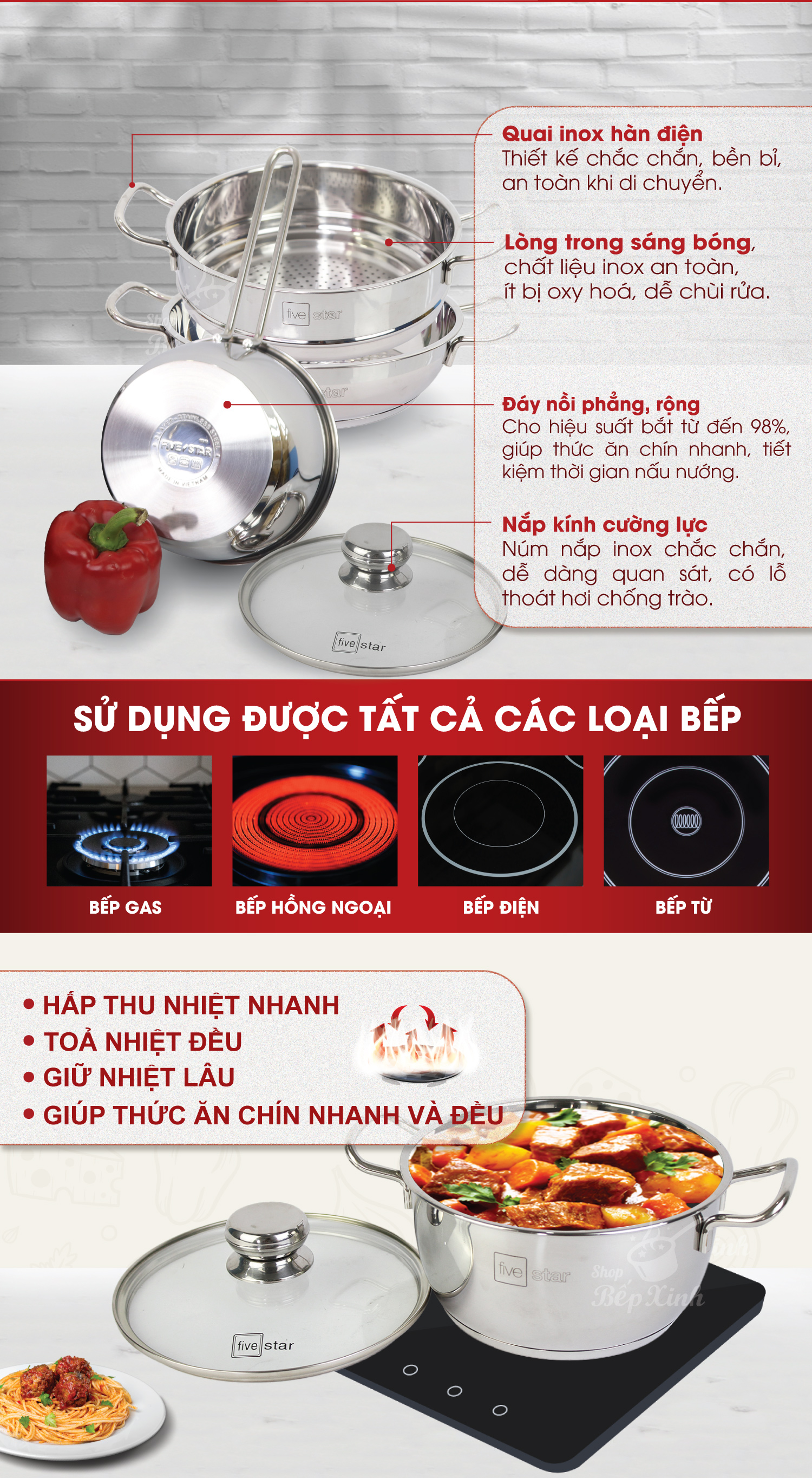 Bộ Nồi Inox 3 Đáy Gồm 3 Nồi 1 Chảo 1 Xửng Fivestar FS08CG1 - Hàng Chính Hãng