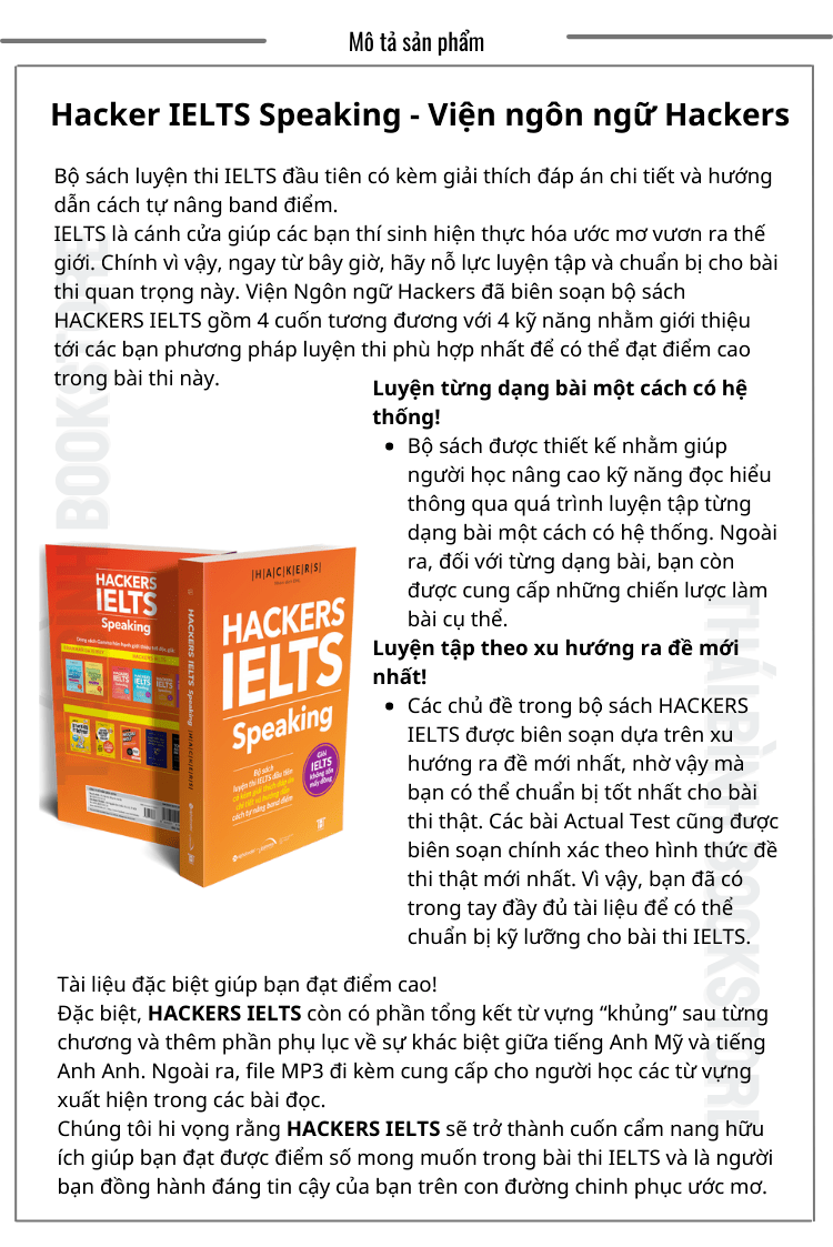 Sách - Hackers Ielts: Speaking - Viện ngôn ngữ Hackers - Thái Bình Bookstore