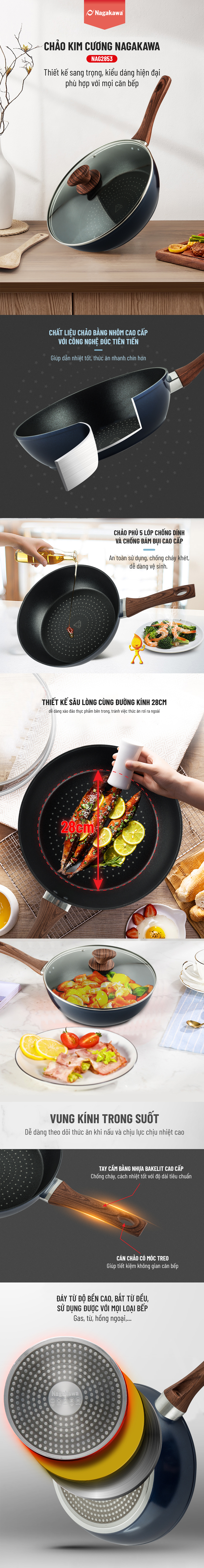 Chảo Kim Cương Đáy Từ Vung Kính Nagakawa NAG2853 (28cm)