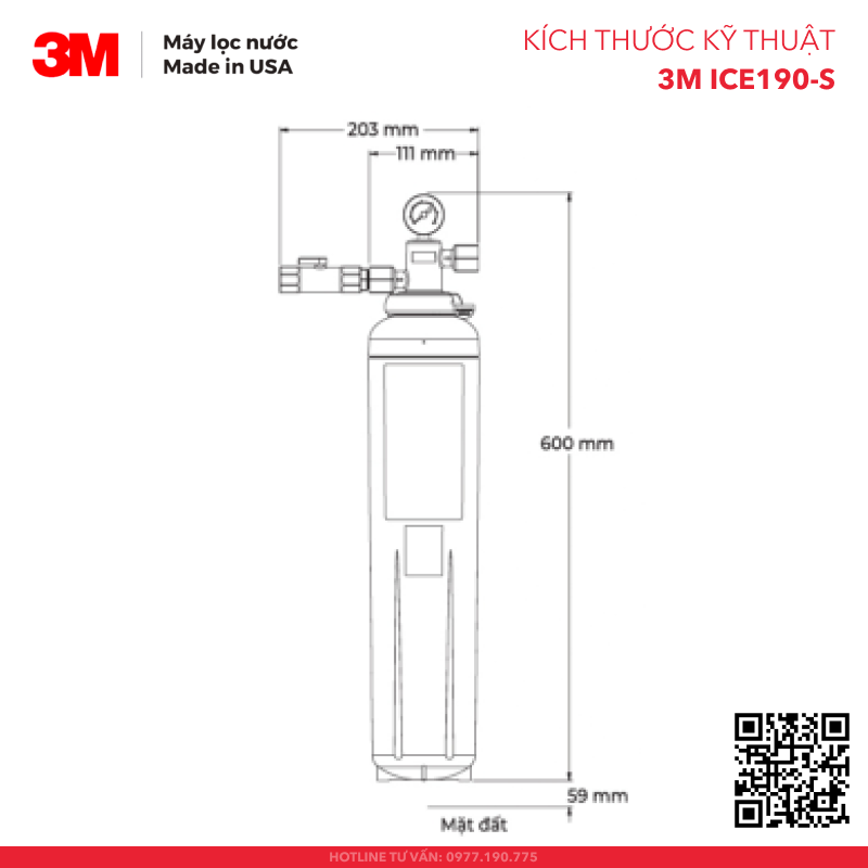 Kích thước kỹ thuật của Máy Lọc Nước 3M ICE190-S - Hàng Chính Hãng