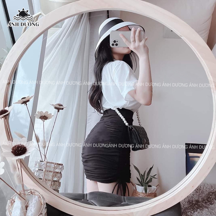 Set áo thun tay lỡ in chữ và chân váy rút dây vải thun cotton năng động mùa hè Ánh Dương Clothing