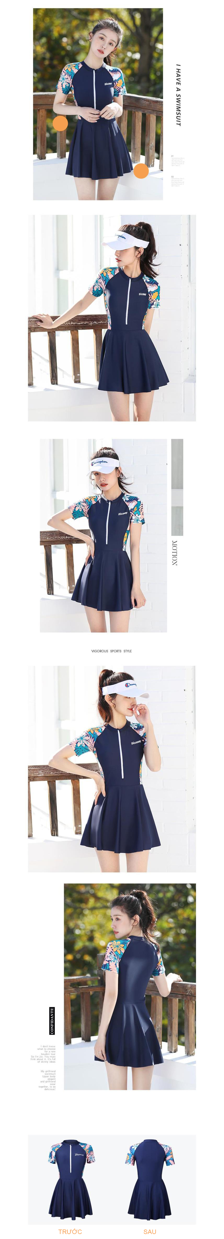 Đồ bơi liền thân quần váy nữ, có mẫu dài tay, khóa kéo trước phong cách thể thao, áo sẵn đệm ngực, chất thun bơi dầy mát lạnh | KT072