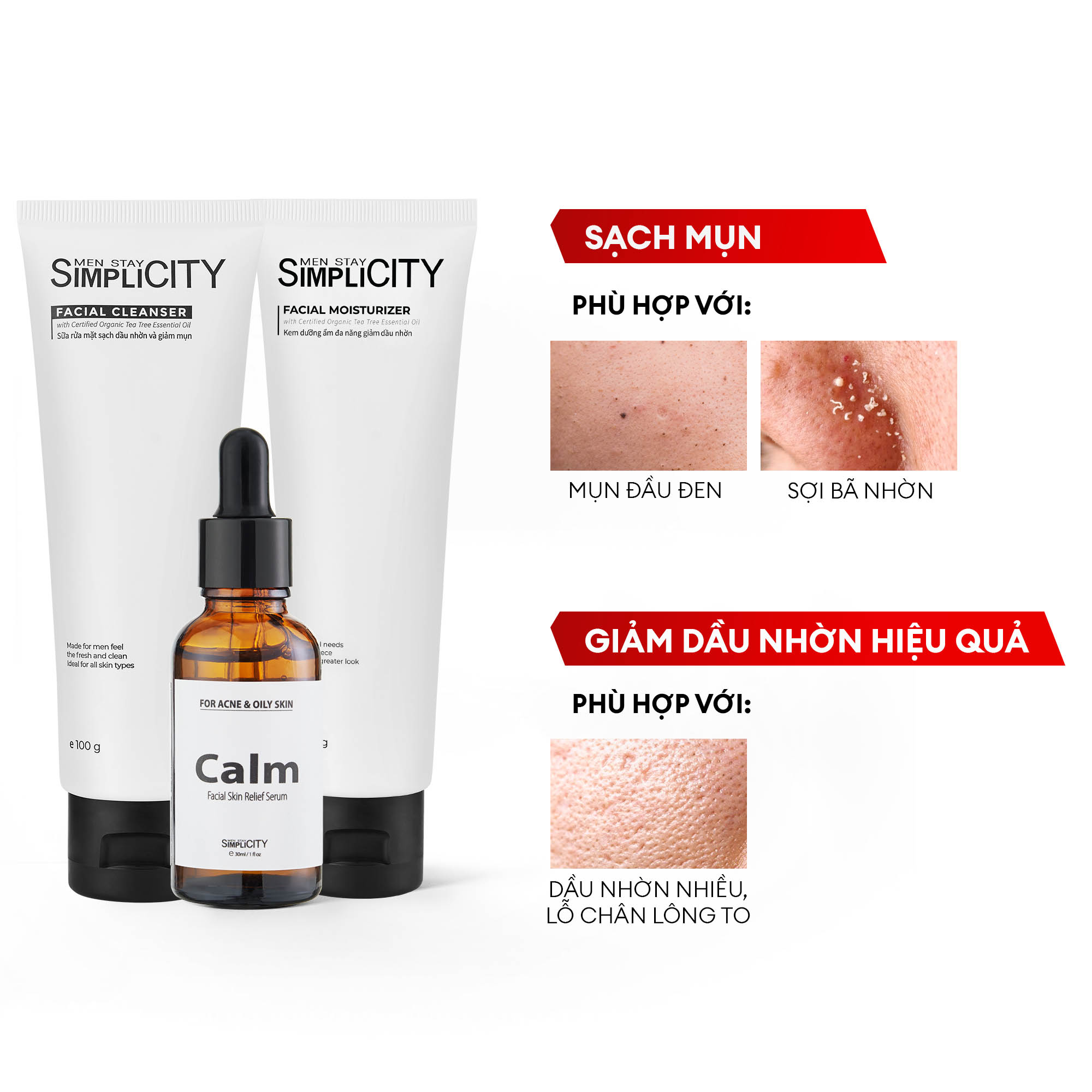 Bộ sản phẩm Men Stay Simplicity chăm sóc da dầu mụn cho nam Acne Relief Skincare Trio: Sữa rửa mặt 100g x Serum 30ml x Kem dưỡng ẩm 80g