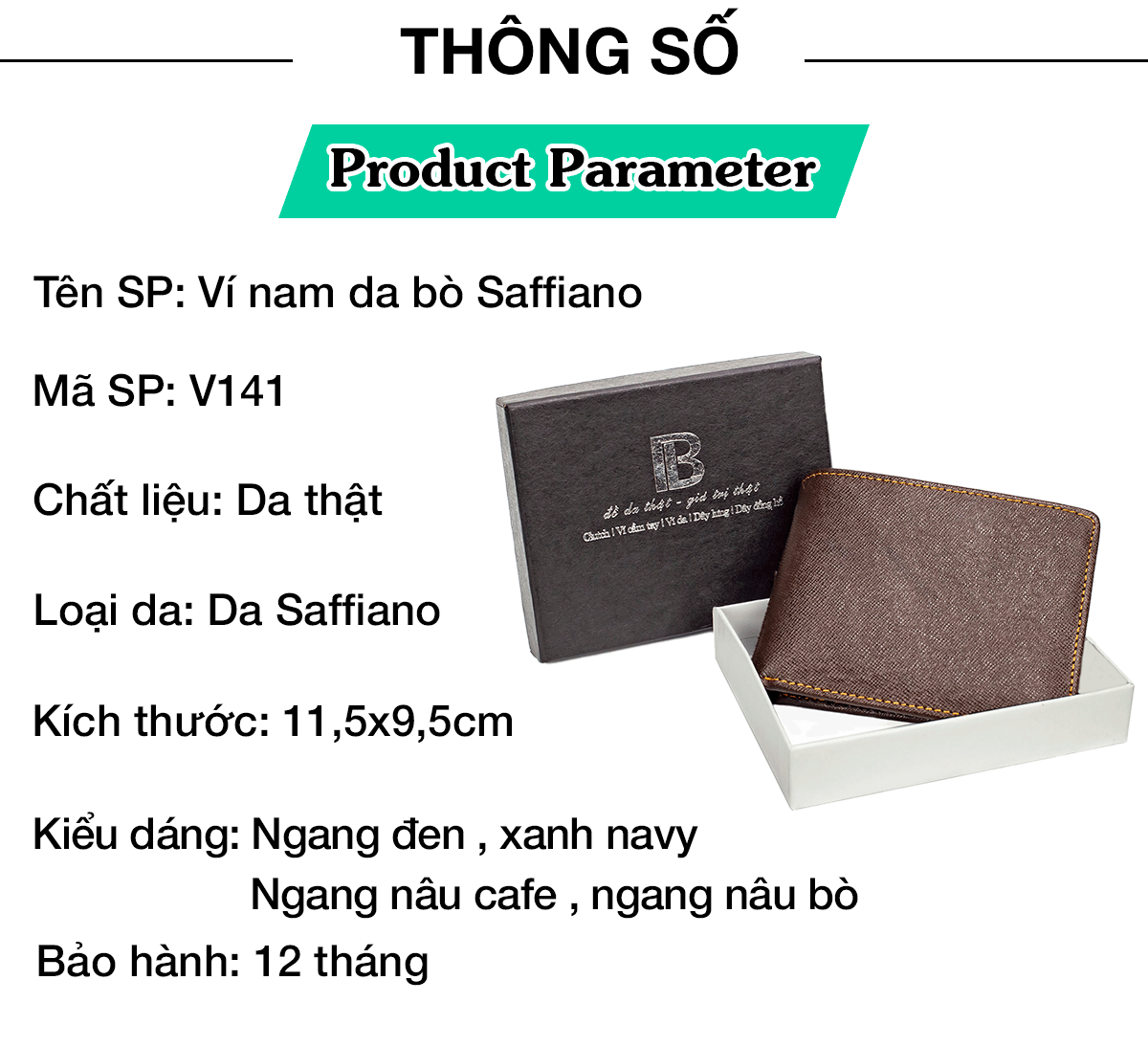 Ví nam, bóp nam da bò Saffiano Bụi Leather V140 - Bảo hành 12 tháng