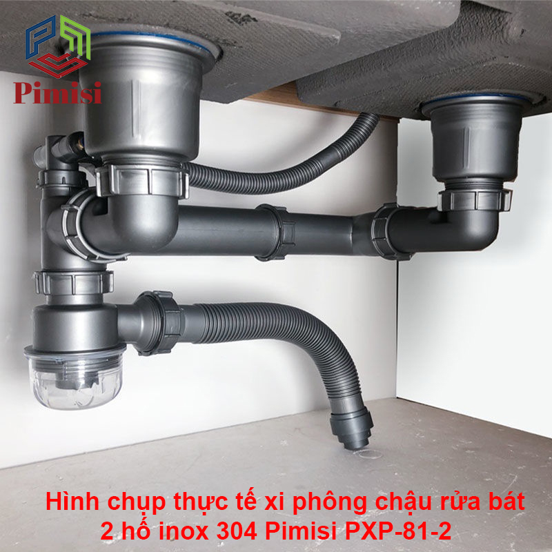 Bộ Xi Phông Xả Thải Bồn Rửa Chén Bát 2 Hố Phi 110-140 Pimisi Cao Cấp - Loại Ống Thải Nhựa Cứng Không Đọng Nước - Cốc Inox 304, Lọc Rác, Bầu Chống Mùi Hôi Và Giảm Dầu Mỡ Ống Dẫn - Có Thoát Tràn | Hàng Chính Hãng