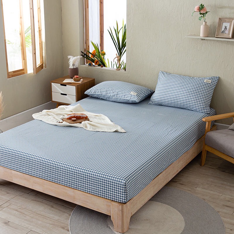 Bộ Ga Gối Cotton Tici Kẻ LIDACO Cao Cấp - Caro Xanh