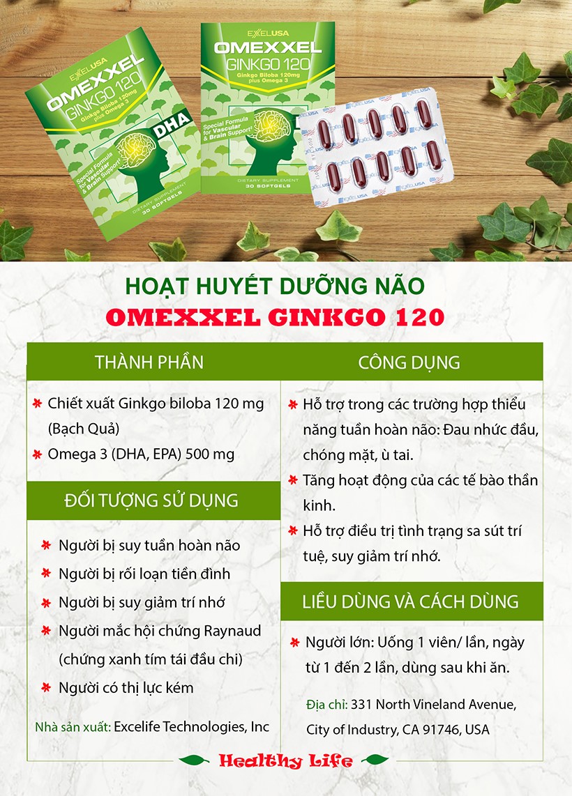 Combo 2 Hộp Thực Phẩm Chức Năng Viên Uống Hoạt Huyết Dưỡng Não Omexxel Ginkgo 120 (30 Viên / Hộp)