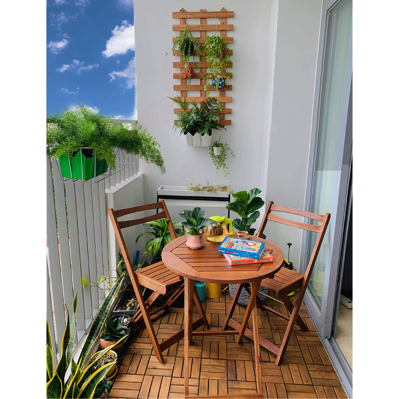 Bộ bàn ghế cafe cao cấp bằng gỗ tràm gấp gọn - 1 bàn tròn và 2 ghế