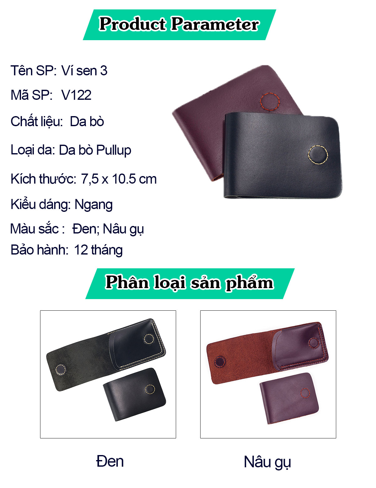 Ví sen 3 da bò Pullup V122, bóp mini nam nhỏ gọn hai màu đen và nâu, đường chỉ may tinh tế, đựng thẻ kẹp tiền tiện lợi,fullbox, thương hiệu Bụi leather chuyên đồ da thật