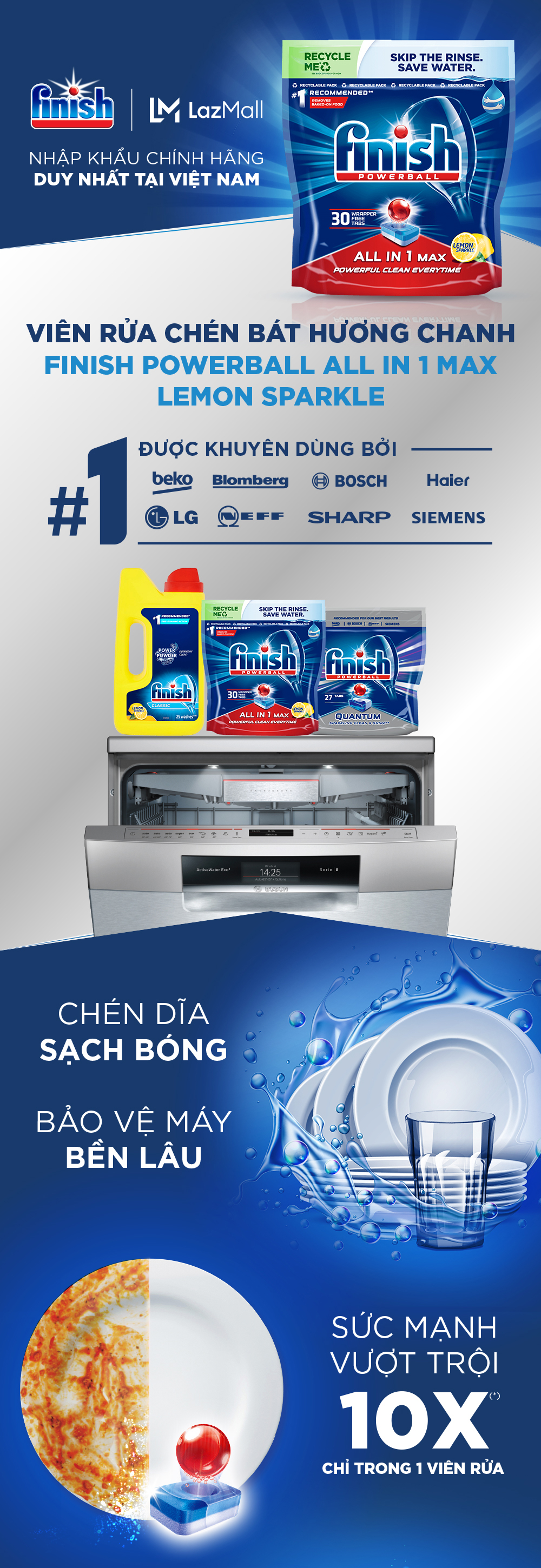 Combo 03 túi Viên Rửa Chén Bát Hương Chanh Finish Powerball All In 1 Max Lemon Sparkle 30 viên