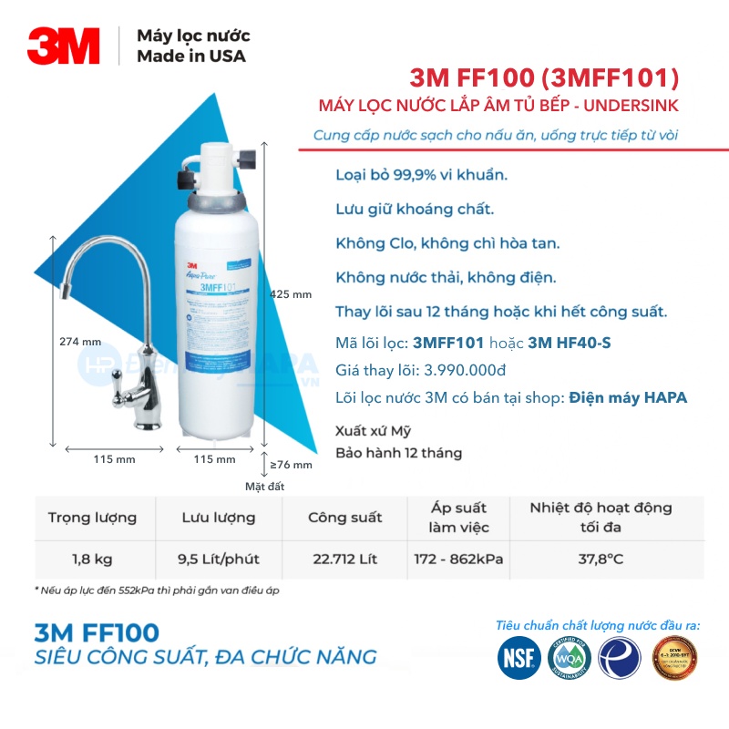 Thông số kỹ thuật Máy Lọc Nước 3M FF100 (3MFF101) Nhập Khẩu Mỹ - Hàng Chính Hãng 3M