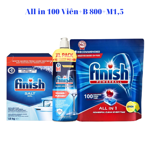 combo Viên rửa bát finish all in one 100 viên+Dung dịch Nước làm bóng finish 800ml +Muối rửa bát finish 1.5kg cho Máy rửa bát