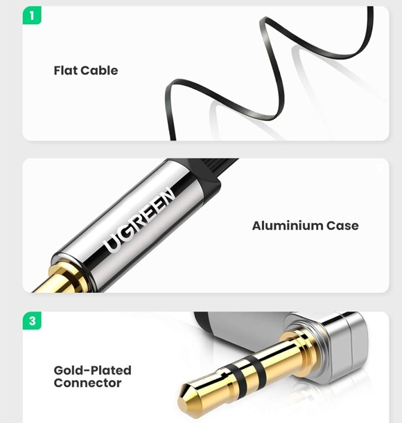 Cáp âm thanh 3.5Mm dẹp góc vuông 10598 2 đầu đực mạ vàng dài 1.5m UGREEN Av119 - HÀNG CHÍNH HÃNG