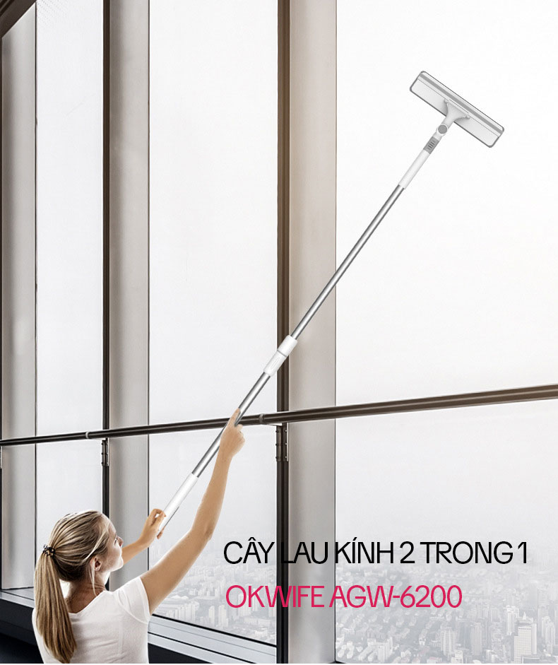 Cây Lau Kính Thông Minh OKwife AGW-6200, Chổi Gạt Kính Lau Kính Đa Năng 2 Trong 1, Dụng Cụ Lau Kính Cán Dài