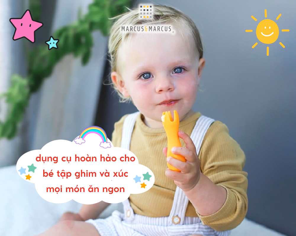 Bộ thìa nĩa tập ăn silicon cho bé Palm Grasp Marcus & Marcus, từ 12 tháng