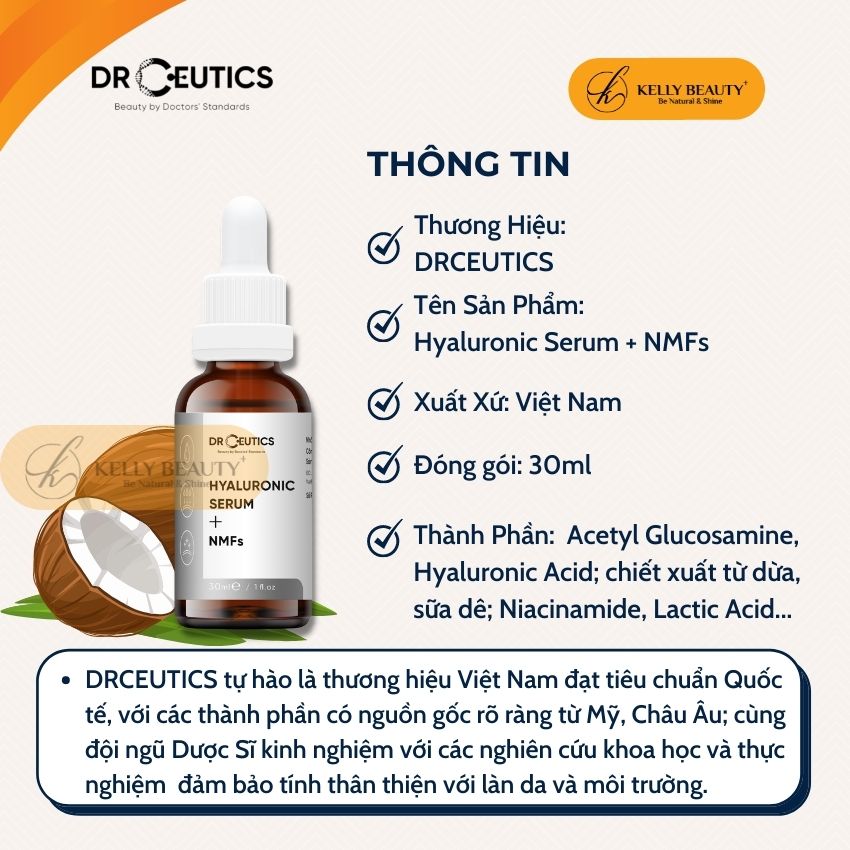 Tinh Chất Cấp Ẩm Drceutics Hyaluronic Serum + NMFs - Giúp Da Căng Bóng, Mềm Mịn | Kelly Beauty