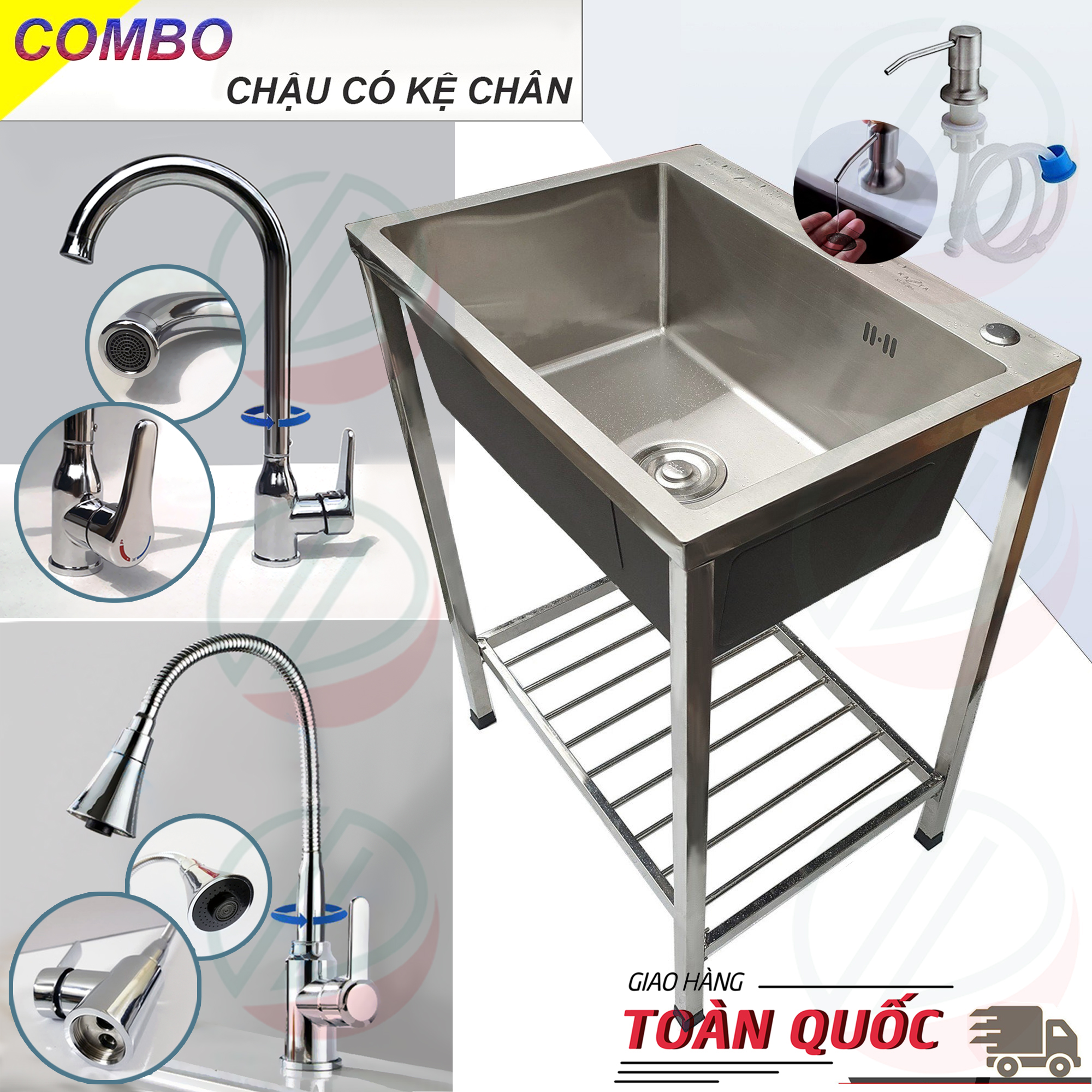COMBO Chậu Rửa Chén Bát 1 Hộc 60x45cm Có Chân Cao 81cm Kèm Vòi Inox Nóng Lạnh - Gồm kệ chân, chậu, vòi, bộ xả, tặng đầu xịt xà bông