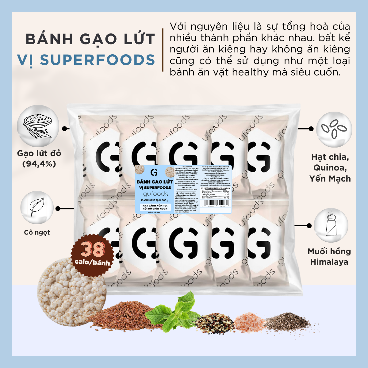 Bánh gạo lứt GUfoods - Không chiên dầu, Không đường, Từ gạo và ngũ cốc nguyên hạt, Lành mạnh, Phù hợp Eat clean, Ăn vặt healthy, Thực dưỡng, Tập gym, Thuần chay, Đa dạng hương vị (túi 300g = 30 bánh)