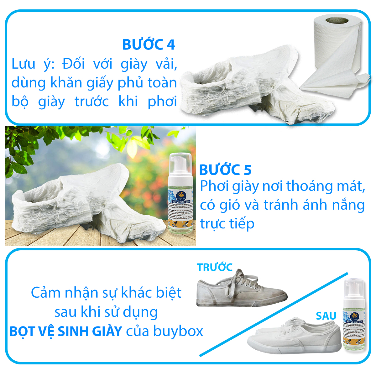 Bọt vệ sinh giày và giặt giày (150ml) - buybox - PKBB60 - quấn khăn giấy trắng che phủ toàn bộ bề mặt giày chất liệu vải trước khi phơi để tránh bị ố vàng giày