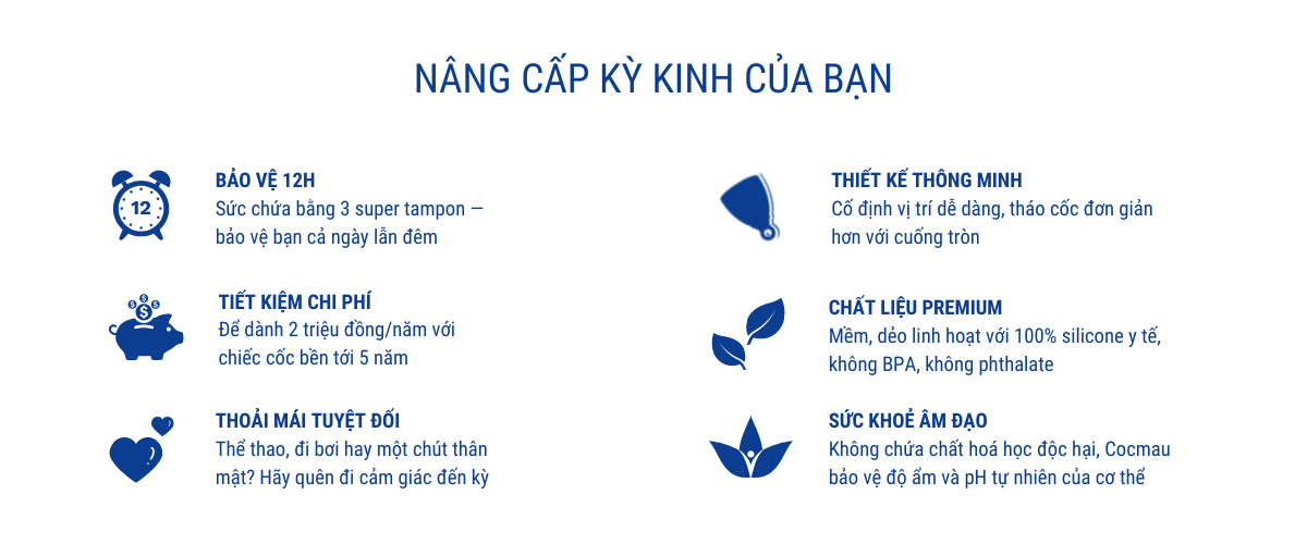 Nâng cấp kỳ kinh nguyệt với chiếc cốc nguyệt san Cocmau cải tiến: phù hợp cho mọi hoạt động, kháng khuẩn, kháng màu và mùi kinh nguyệt, hoàn toàn không cảm thấy cốc trong cơ thể.