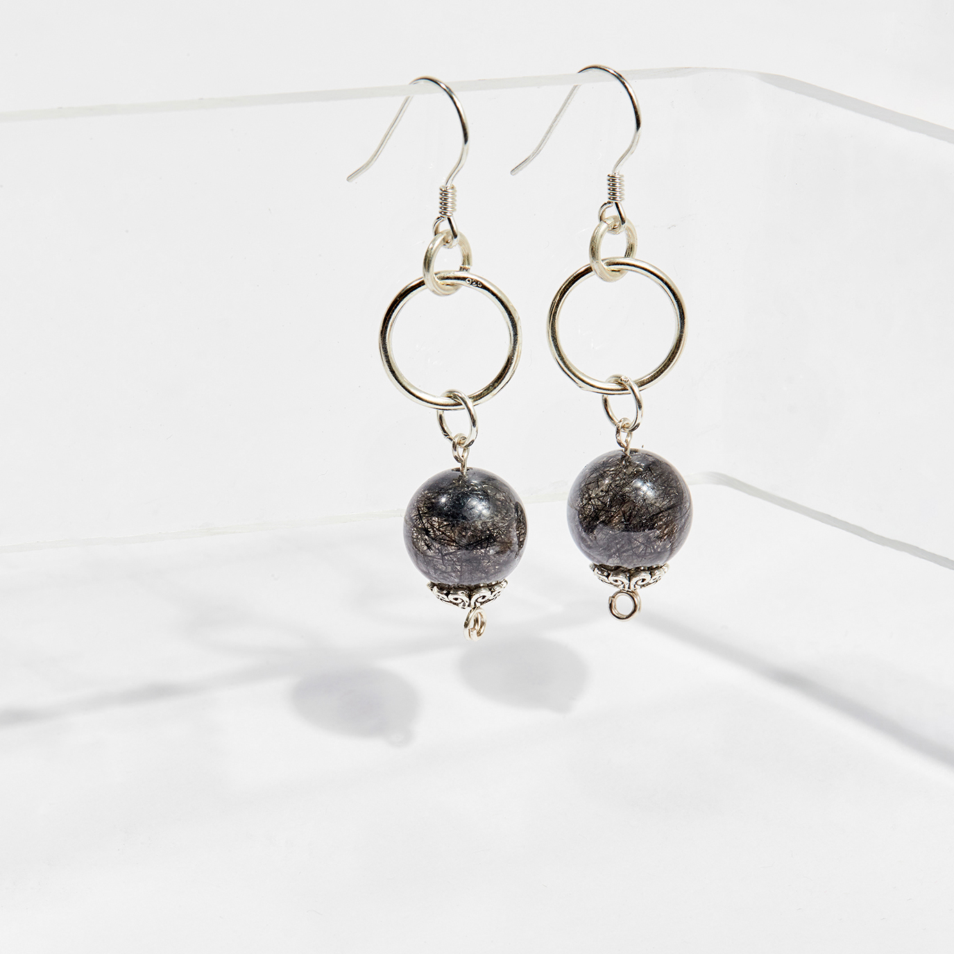 Bông tai đá thạch anh tóc đen 10mm mệnh thủy , mộc- Ngọc Quý Gemstones