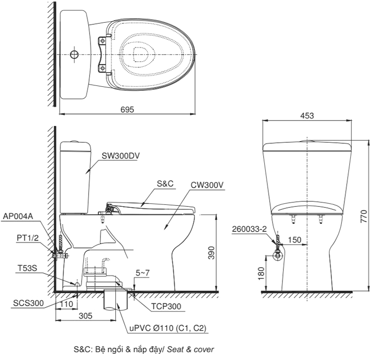 Bồn Cầu Hai Khối Toto CS300DT3Y1 Nắp TC385VS